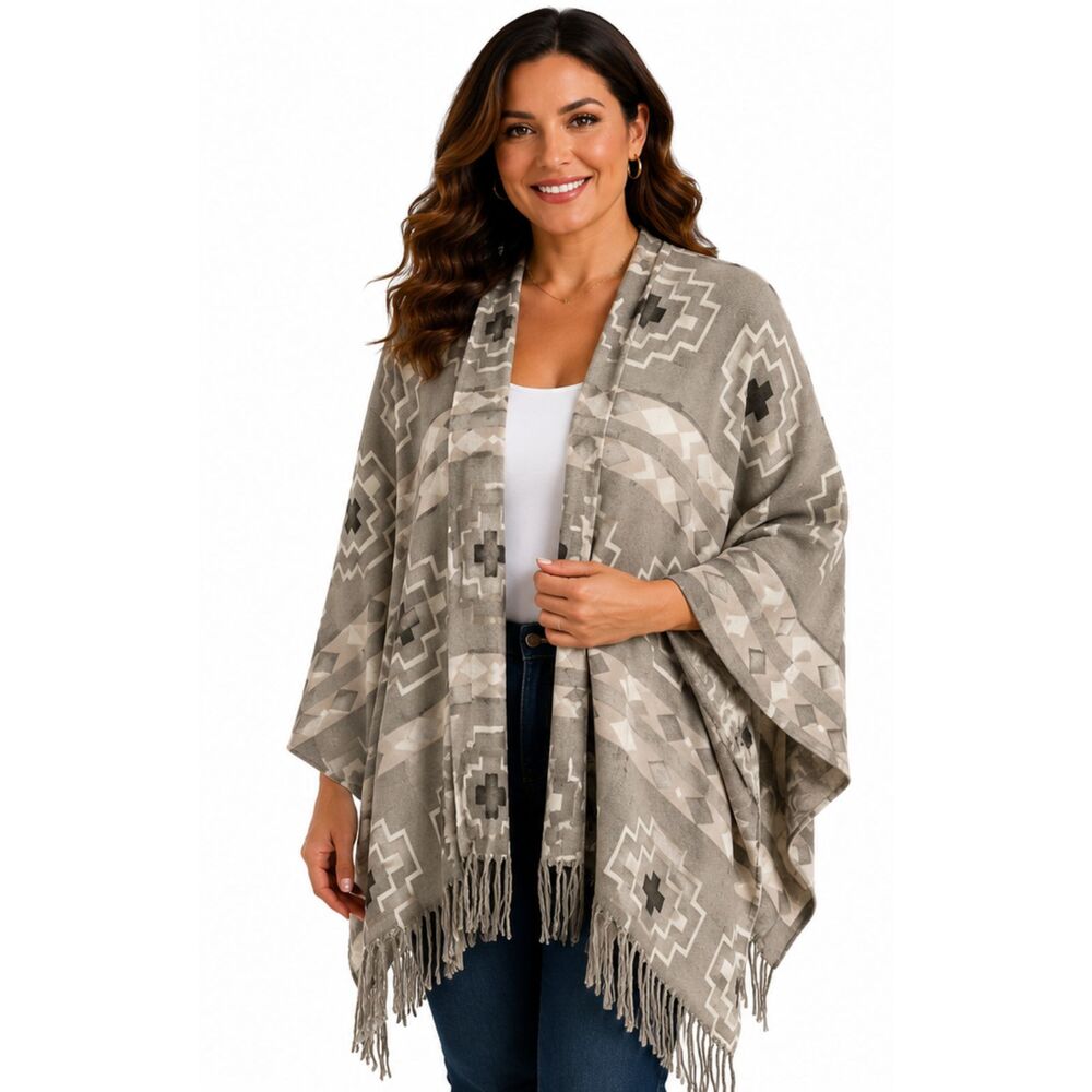Sonoma Grey & Cream Geometric Fringe Poncho / Shawl NWT